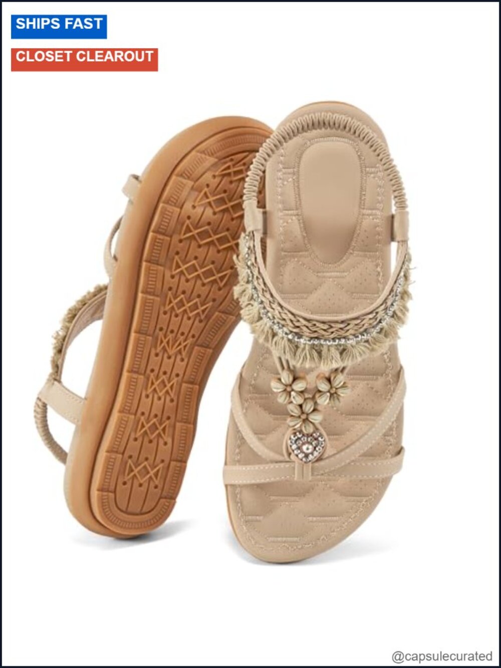 Women's Bohemian Flat Sandals with Tassel - Elastic Ankle Strap, Cute Summer